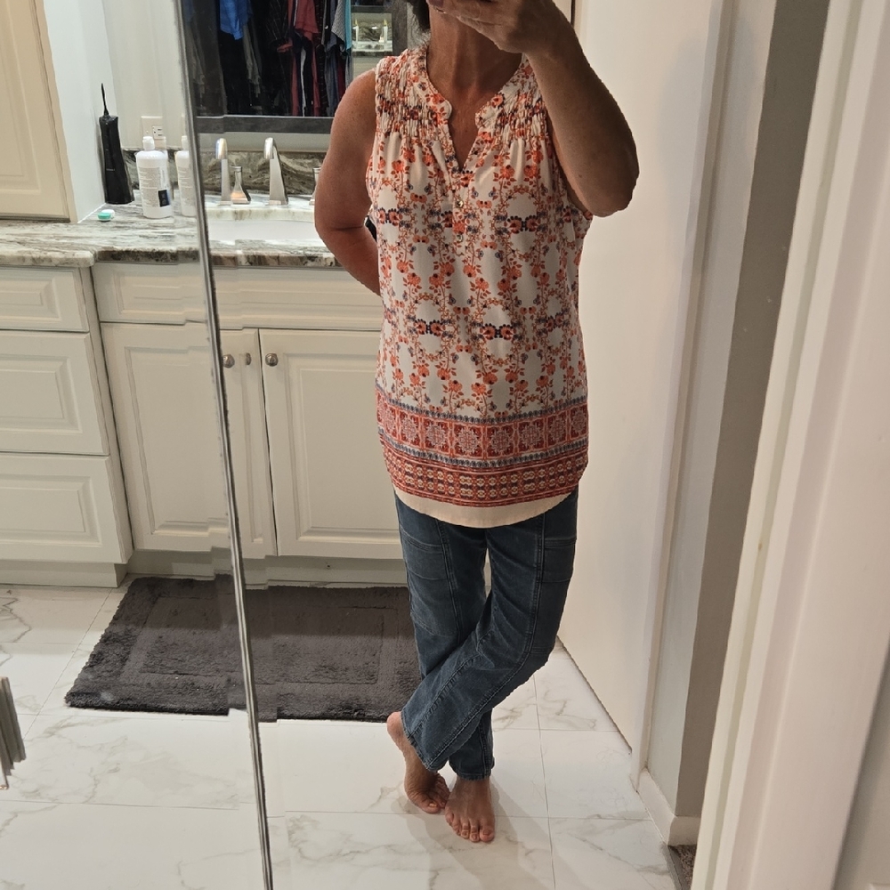 Sleeveless Floral Top - Orange and White